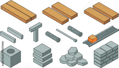 Construction materials and hardware isometric vector set showing lumber, concrete blocks, bricks, metal channels, bolts, rails and stone aggregate for building design