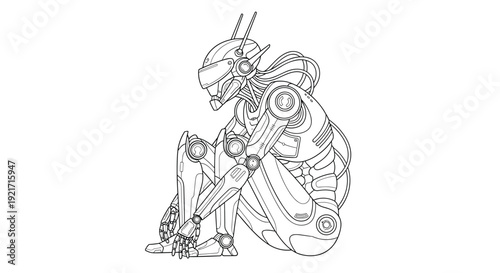 Intricate line art illustration of a futuristic robotic being sitting in a pensive or resting pose with exposed wires.