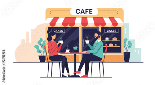 Young man and woman sit at an outdoor cafe table, enjoying coffee and conversation in front of a cozy bakery.