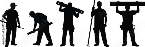 Construction worker silhouette vector set, five laborer silhouettes with tools and materials, construction crew poses for safety signage, workforce and trade icons