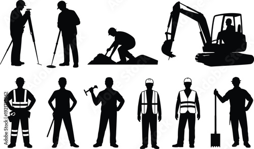 Construction worker silhouette set, builders with tools and excavator machine, industrial labor vector collection isolated on white