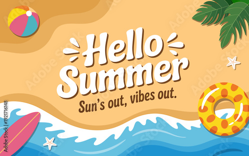 Hello Summer beach vacation fun with inflatable ring and surfboard