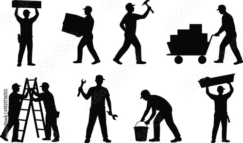 Construction workers silhouettes performing diverse tasks carrying materials, hammering, pushing carts, climbing ladders, wielding wrenches, lifting loads, teamwork,