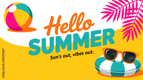 Hello summer text with beach ball sunglasses and palm leaves on yellow background