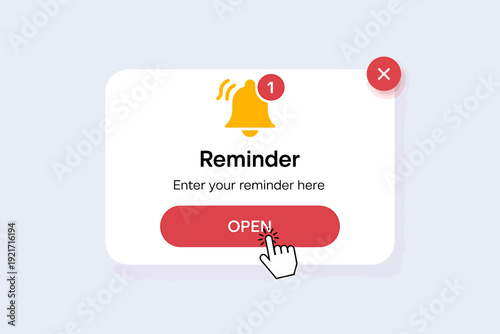 Notification reminder popup window with bell icon and open button