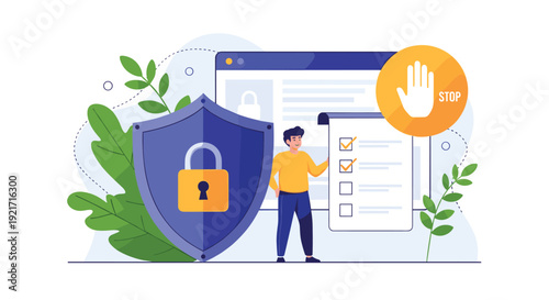 Young man stands next to a large shield and lock icon to represent digital security and data protection on a website or network.