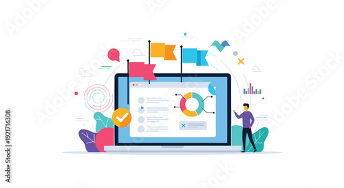 Professional analyst examines a business dashboard on a laptop screen with various colorful flags and data charts for performance.