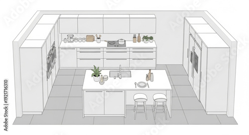 Kitchen Interior Design Blueprint Illustration.