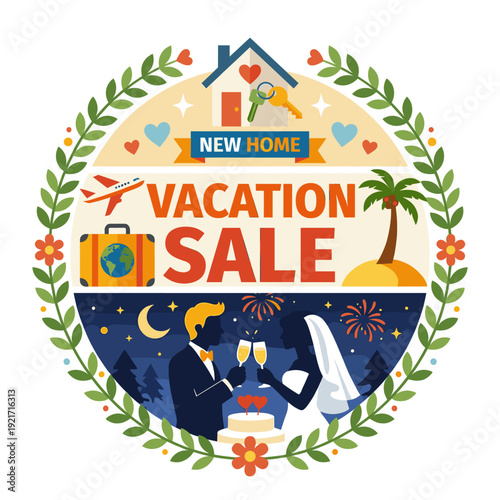 Vacation sale badge, travel suitcase, airplane icon, palm island, couple toast night scene