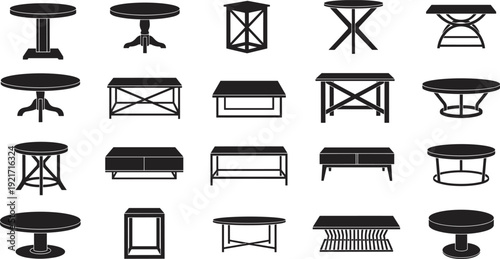 Collection of furniture table silhouettes with round coffee side and dining tables for interior design home decor and architectural plans