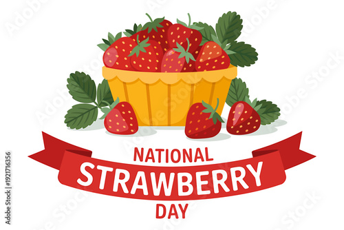 National Strawberry Day celebration with fresh strawberries and leaves on yellow plate
