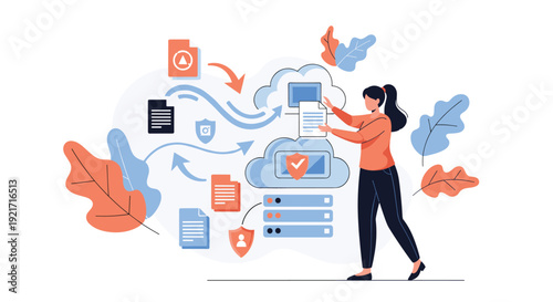 Modern woman manages her digital files and data security within a cloud computing environment surrounded by icons and colorful leaves.