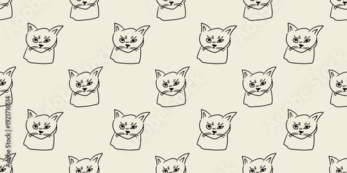Seamless pattern with funny hand drawn cat wearing bandana with tongue out, quirky feline doodle on beige background