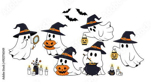 Set of adorable cartoon ghosts in witch hats participate in various Halloween activities like brewing potions and holding pumpkins.