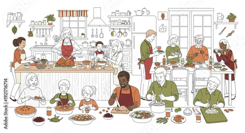 Kitchen Scene with People Cooking.