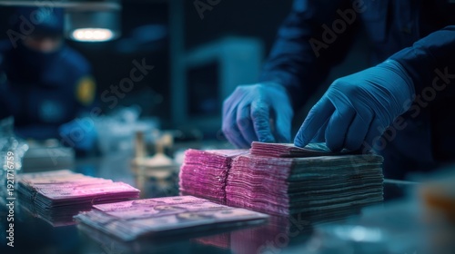 Crime scene money counting with law enforcement, forensic evidence, and evidence room.