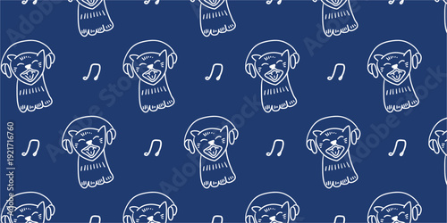 Seamless pattern with cute hand drawn cat in headphones listening to music, funny musical feline doodle on blue background