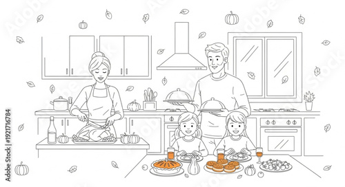 Kitchen Scene with Two People Cooking.