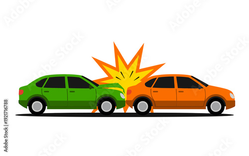 Green and orange cars crashing into each other with explosion  accident scene