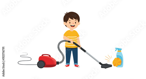 Happy young boy uses a red vacuum cleaner to help with household chores while cleaning the floor next to various cleaning supplies.