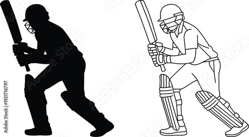 Cricket batsman silhouette and detailed line art vector set, batting player with helmet, pads, gloves, cricket bat, action pose illustrations