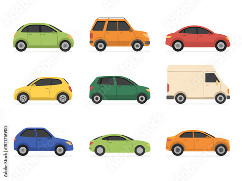 Colorful cartoon cars and vehicles on white background