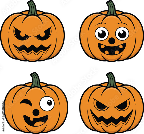 Cute and scary Halloween pumpkin faces vector set, cartoon jack o lantern expressions, smiling, winking and angry carved pumpkins, festive autumn clipart collection