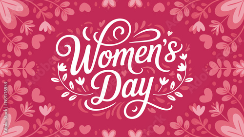 Womens day celebration with white text on pink floral background