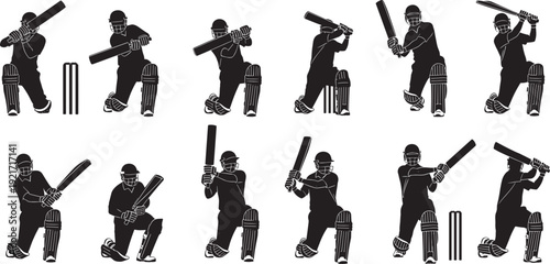 Cricket player silhouette set, batsman in various batting stances, sports competition, hitting ball, team game, professional athlete, cricket match action.