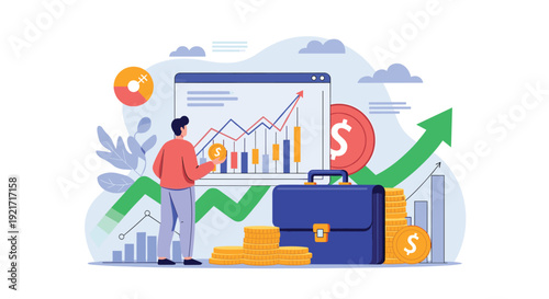 Young investor monitors his financial portfolio and market growth on a large screen with stacks of gold coins and a business briefcase.