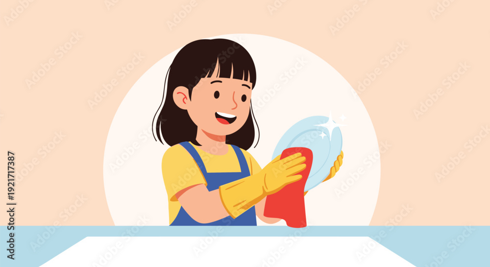 Obraz premium Happy young girl wearing yellow protective gloves carefully washes a white plate until it sparkles clean in a warm kitchen environment.