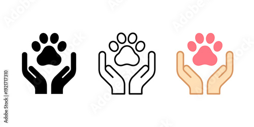 Hands holding animal paw prints in different colors and styles icon set