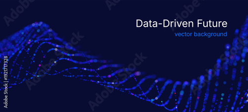 Futuristic data array visualization with flowing particle waves and digital interface representing big data analysis, pattern recognition, artificial intelligence, machine learning vector background