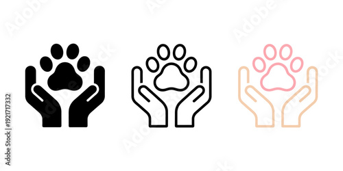 Animal paw print in hands icons in black pink and beige colors