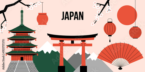 Japanese culture symbols and landmarks in a colorful illustration of Japan scenery