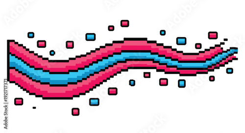 Pixel art wavy banner with pink and blue stripes and scattered squares, representing transgender pride and celebration