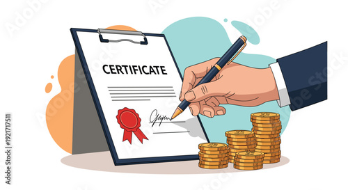 Professional hand signs a certificate document on a clipboard next to growing stacks of gold coins representing financial achievement.
