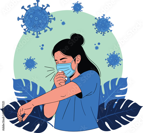 Woman in face mask coughing into elbow for virus prevention vector