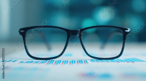 Electronic tax system, Black-rimmed eyeglasses resting on a surface with blurred charts and graphs in the background, symbolizing analysis and focus.