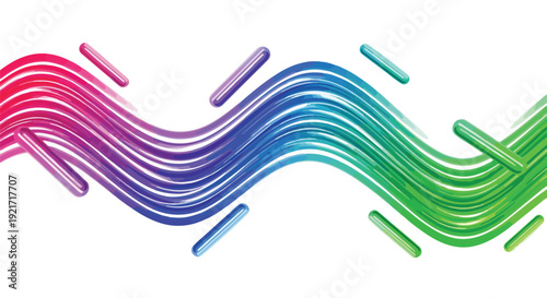 Vibrant abstract wave background with a smooth rainbow gradient, dynamically flowing lines, and scattered colorful geometric shapes on white. Modern vector art.