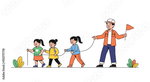 Professional teacher leading a group of preschool children on an educational outdoor field trip using a safety rope.