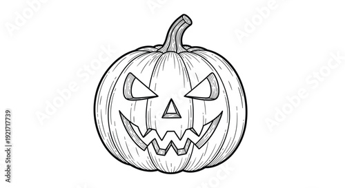 Detailed black and white engraving of a classic halloween jack o lantern pumpkin with a spooky face for seasonal holiday decorations.