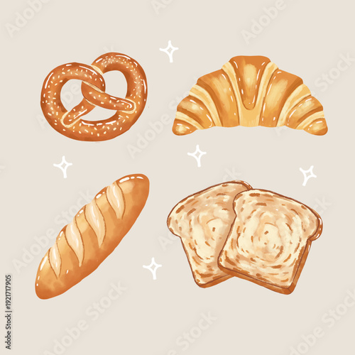 Hand Drawn Bread Vector Set with Baguette, Croissant, and Pretzel