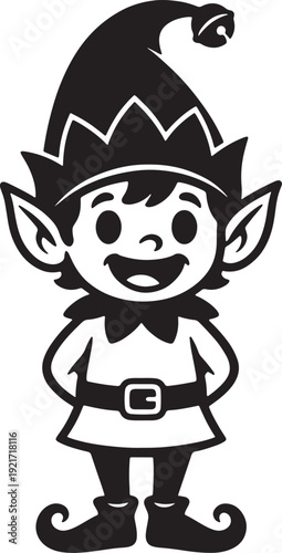 Black and white cartoon elf with pointy ears and hat also transparent background
