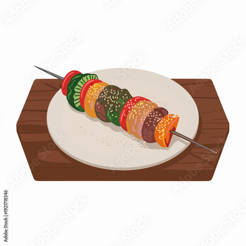 A grilled kebab skewer with meat and vegetables, illustrated in flat cartoon vector sticker and clipart style