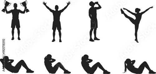 Fitness athlete silhouette set, man holding trophies and celebrating victory, woman doing yoga and sit-ups exercise, sports training, healthy lifestyle.