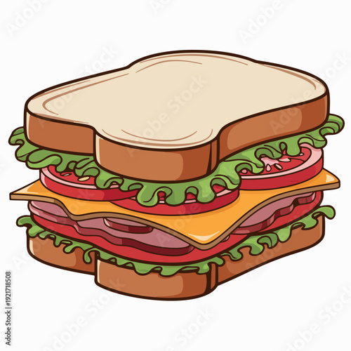 A layered sandwich with bread, lettuce, tomato, cheese, and meat, drawn in flat cartoon vector sticker and clipart style