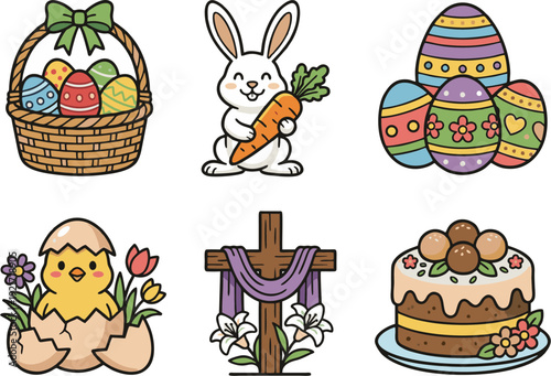 Easter celebration illustrations featuring bunny, eggs, chick, cross, and cake in a festive holiday display