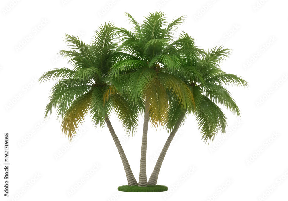 Obraz premium Tranquil Grove: Three Photorealistic Coconut Palms with Arching Fronds and Nestled Coconuts, Isolated for Serene, Authentic Tropical Design Integration