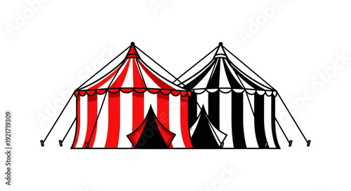 Two cartoon circus tents one red and white striped the other black and white are shown